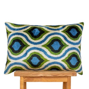 Green Blue Velvet Ikat Pillow Cover: Luxury Silk Lumbar Pillow