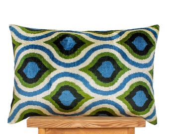 Green Blue Velvet Ikat Pillow Cover: Luxury Silk Lumbar Pillow