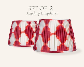 Set of 2 Red Orange Ikat Pleated Silk Lamp Shades, Handmade Matching Lampshades