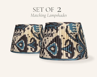 Set of 2 Black Teal Ikat Pleated Silk Lamp Shades, Handmade Matching Table Lampshades
