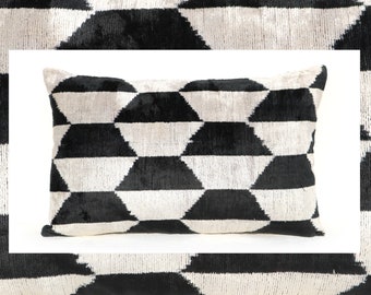 ikat pillow cover black white,Velvet ikat pillow cover,Modern kilim pillow cover,Turkish pillow cover 16x24 Customized size pillow cover