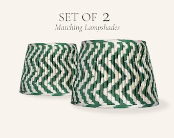 Set of 2 Forest Green Ikat Pleated Silk Lamp Shades, Handmade Matching Lampshades