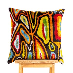 Handwoven Silk Velvet Ikat Lumbar Pillow Cover: Turkish Textile