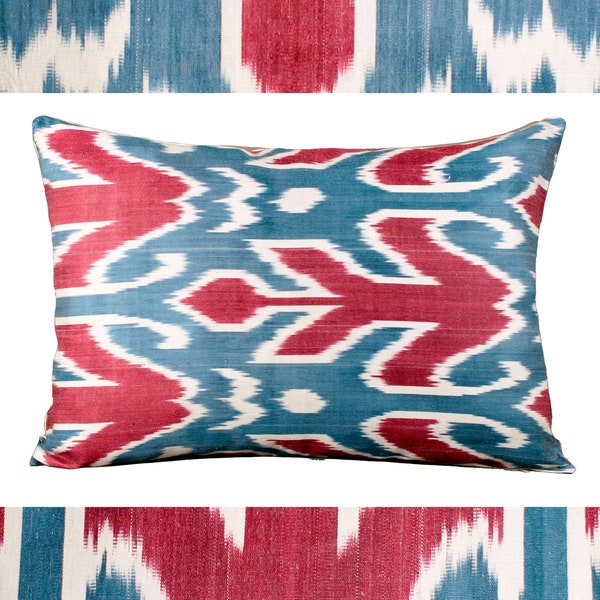 Ikat pillow Blue,Sofa pillow cover 20x20,Blue red silk ikat,Navy ikat pillow cover,Silk ikat fabrics,Throw pillow navy and red