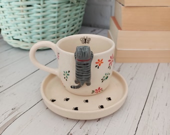 Taza de cerámica hecha a mano con forma de gato – Regalo para amantes de los gatos – Taza de café de cerámica. Envío a EE. UU. y la UE.