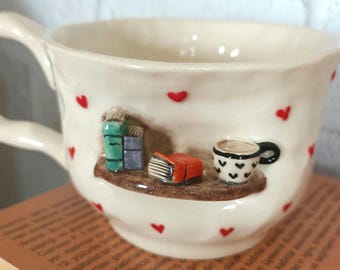 Handmade Book Lover Christmas Ceramic Mug – Miniature Books & Coffee Cup – Heart Pattern Pottery – Cozy Gift for Her - 7 oz ( 200 ml)