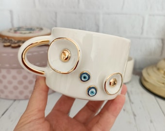 Handgemachte Keramik Evil Eye Becher: 24K Gold türkische Kaffeetasse