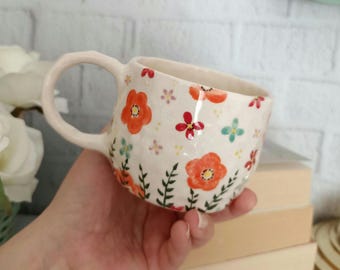 Handmade Floral Ceramic Coffee Cup: Hand-Painted 9 oz Tea Mug