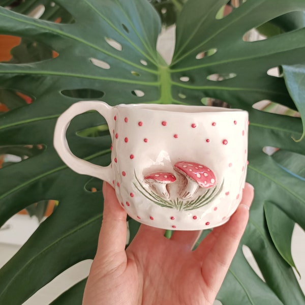 Mushroom Coffee Mug, Handmade Ceramic Mug, Mushroom Mug, Red Mushroom Mug, Mushroom Coffee Mug, Handmade Coffe Mug, Red Polkadot Mug