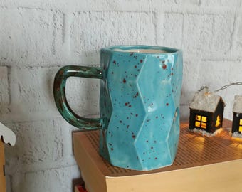 Handmade Turquoise Geometric Mug, Rustic Speckled Ceramic Coffee Cup