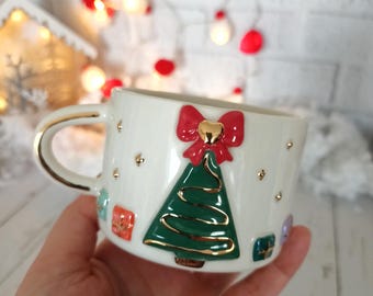 Handmade Christmas Tree Ceramic Mug, Gold Detail, 7oz