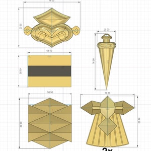 Puede incluir: Un conjunto de cinco piezas decorativas de metal de color dorado. Las piezas incluyen una pieza en forma de coraz&oacute;n, una pieza rectangular, una pieza en forma de cono puntiagudo, una pieza triangular y una pieza con una parte superior en forma de estrella y una parte inferior en forma de falda. Las piezas miden aproximadamente 7,6 cm de alto y 5,8 cm de ancho. Las piezas est&aacute;n etiquetadas con el n&uacute;mero "2x".