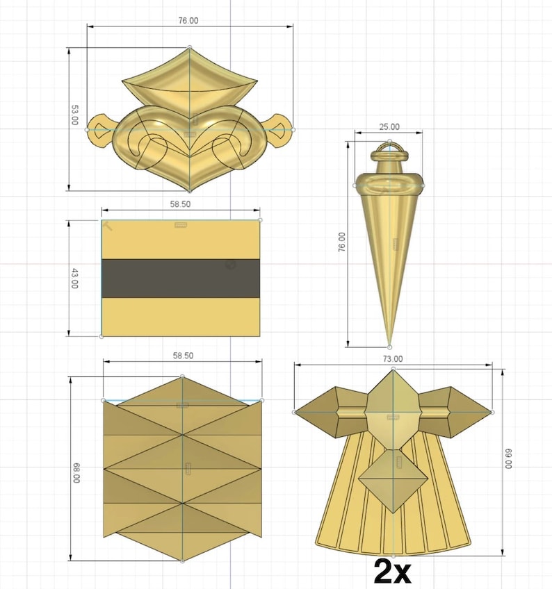 Puede incluir: Un conjunto de cinco piezas decorativas de metal de color dorado. Las piezas incluyen una pieza en forma de coraz&oacute;n, una pieza rectangular, una pieza en forma de cono puntiagudo, una pieza triangular y una pieza con una parte superior en forma de estrella y una parte inferior en forma de falda. Las piezas miden aproximadamente 7,6 cm de alto y 5,8 cm de ancho. Las piezas est&aacute;n etiquetadas con el n&uacute;mero "2x".