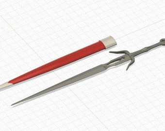 Puede incluir: Una espada plateada con mango negro y una vaina roja. La espada tiene un diseño único con una hoja curva y una punta afilada.