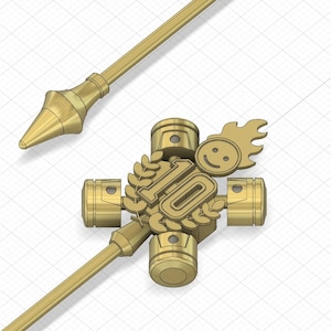 May include: A gold-colored metal charm with a number 10 surrounded by a laurel wreath, a smiley face with flames, and four engine pistons. The charm is attached to two gold-colored metal rods.