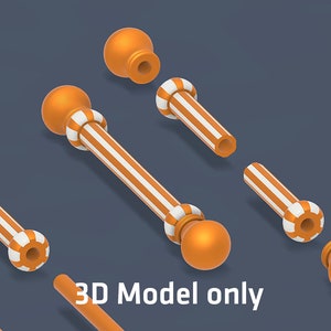 Könnte beinhalten: Fünf orangefarbene und weiß gestreifte dekorative Aufsätze mit runder Spitze. Die Aufsätze sind getrennt und in einem versetzten Muster angeordnet. Nur 3D-Modell.