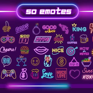 Pack 50 Neon emote bundle PNG – Twitch, Discord, YouTube – Transparent & Streaming compatible