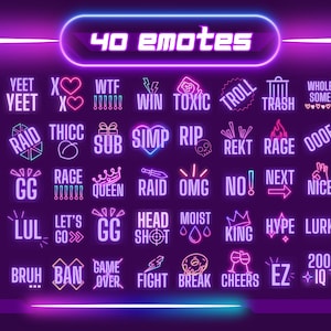 Könnte beinhalten: Ein Neon-Schild mit 40 verschiedenen Emojis, darunter "Yeet", "Rage", "Rip", "Lul", "Headshot", "King", "Hype", "Lurk", "Fight", "Break", "Cheers", "Ez" und "200 IQ".