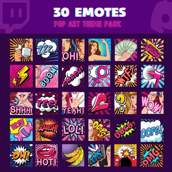 PACK | 30 emote texts & icons | Pop Art, vintage, retro theme emotes | Twitch, Discord, Youtube and other community platforms.