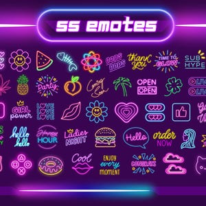 May include: A collection of 36 neon-colored digital emoticons, including "yes", "party", "open", "live", "good vibes", "game over", and more. The emoticons are arranged in a grid on a dark purple background.