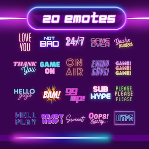 Pack 20 Neon sign emote bundle PNG – Twitch, Discord, YouTube – Transparent & Streaming Compatible