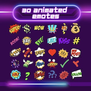 Peut inclure: Une collection de 30 émoticônes animées avec des bulles de dialogue colorées contenant divers mots et expressions, notamment "Super !" "Boum !" "Wow !" "J'aime" "Bisous" "Nouvelle publication" et plus encore.