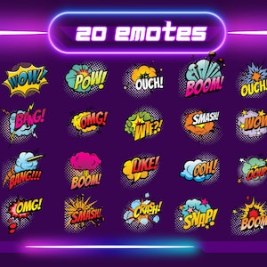 Peut inclure: Fond violet avec une bordure néon affichant 20 émoticônes de style bande dessinée. Chaque émoticône présente un mot comme "WOW", "POW" ou "BOOM" en gras, avec un graphique d'explosion coloré.
