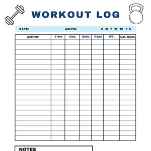 Workout Log, Exercise Log, Fitness Tracker, Weightloss, Health, Printable, Workout, Fitness, Tracker, Easy to use, Exercise, Weight Train