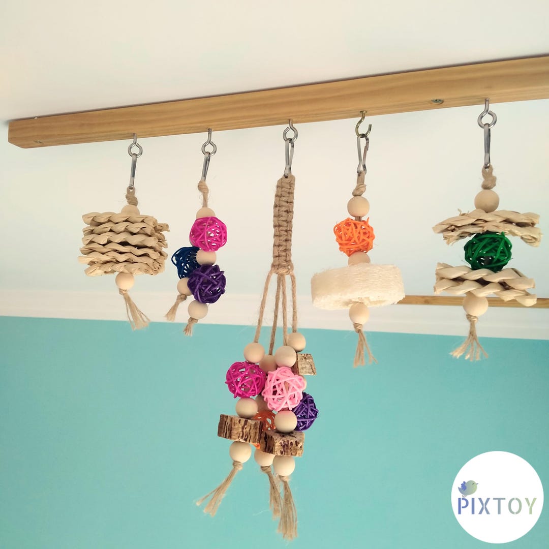 View of Natural Hanging Bird Toys Set: Chew and Preening Enrichment | Refill ...