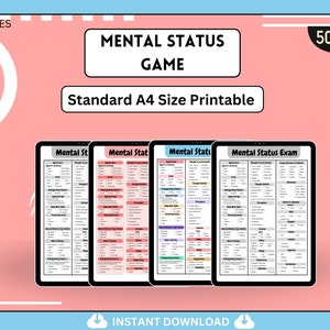 Può includere: Un download digitale di 8 pagine stampabili per un gioco di stato mentale. Le pagine sono in formato A4 standard e presentano una combinazione di colori rosa, blu e grigio. Il testo sulle pagine recita "Mental Status Exam".