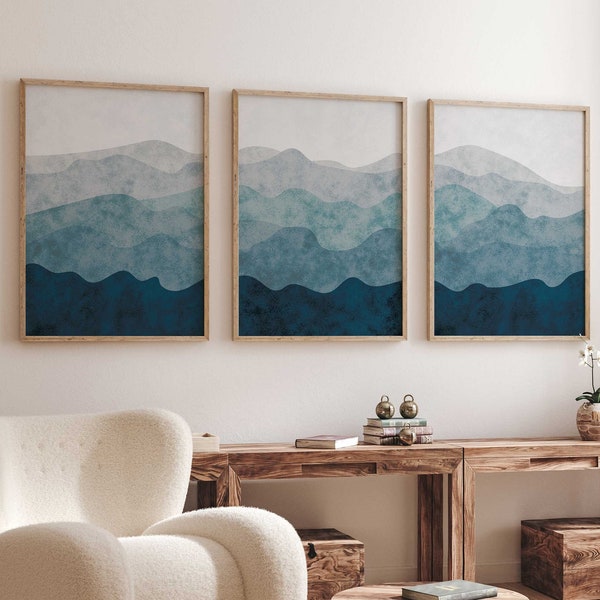 Blue wall art set of 3, Mountains blue abstract prints, 3 piece navy wall art, Blue wall decor prints, Mountains wall decor