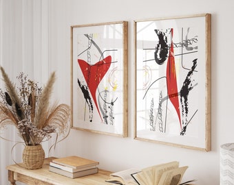 Abstracte muurkunstprints: rood en zwart, minimalistisch decor (digitale download)