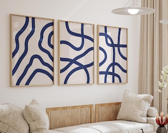Marineblaues Wandkunst-Set, 3-teiliges Kunstdrucke, Blaue abstrakte Wandkunst, Schlafzimmer-Druck-Set von drei, Esszimmerkunst, Moderne Minimalistische Kunst