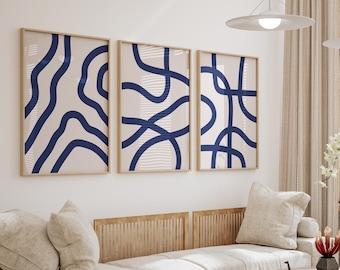 Navy Blue Abstract Art Prints: Modern Minimalist Set of 3 (Digital Download)