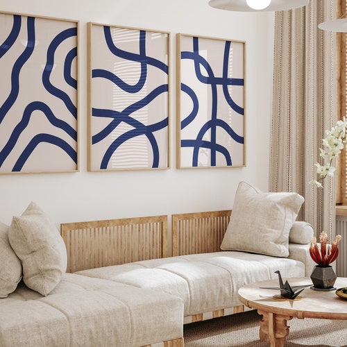 Set of 3 Blue Wall Art Prints Modern Mid Century Geometric Etsy