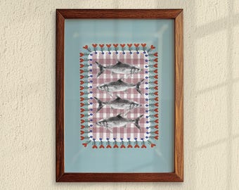 Sardines Art Print, Folk Frame Print, Cottagecore Nursery or Kitchen Decor, Digital Download