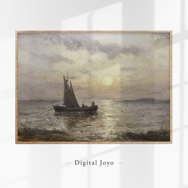 Vintage Sailing Boat Painting, Antique Sailboat Oil Wall Art, Boat on Lake Wall Decor, Coastal