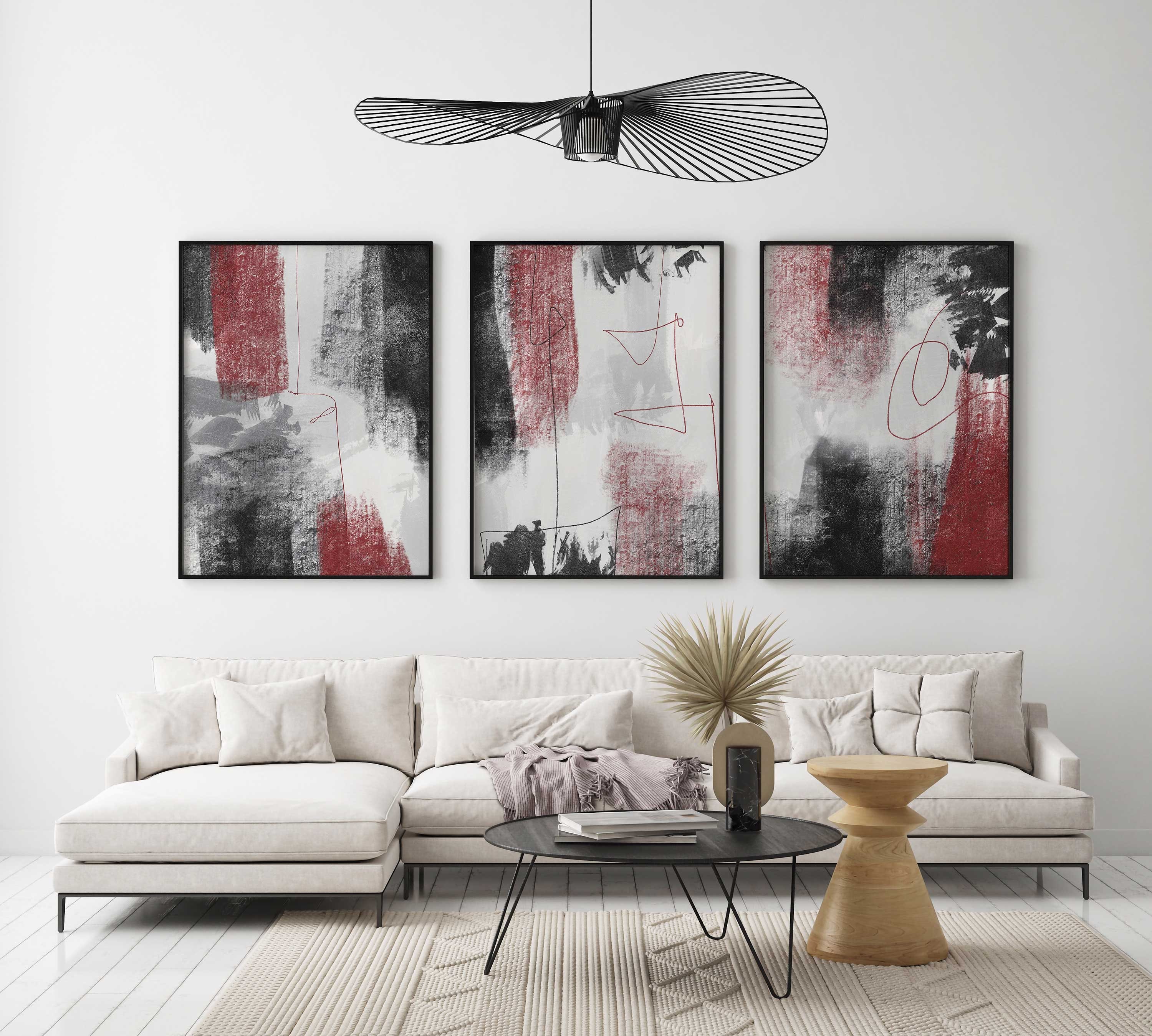Abstract Red and Black 3 Piece Wall Decor, Minimalist Black Printable