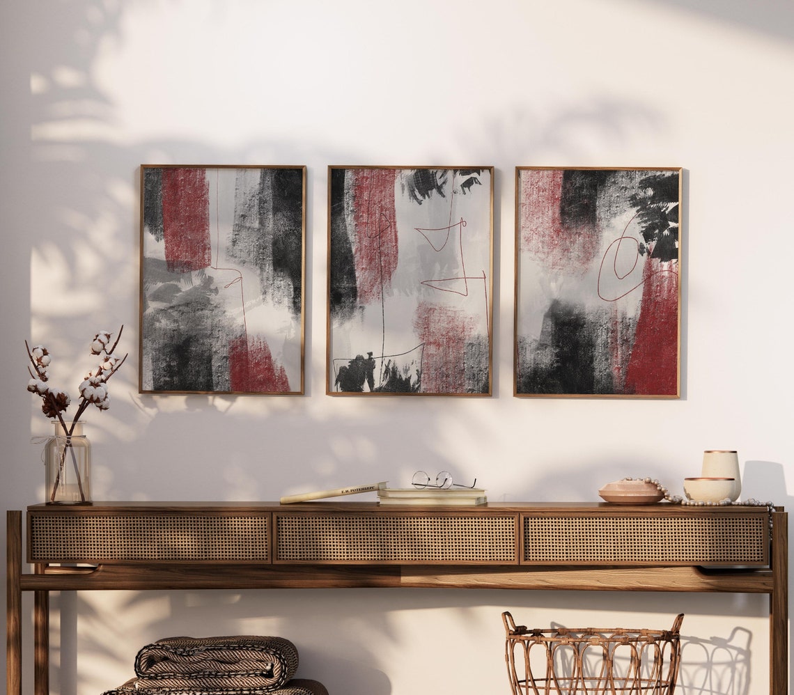 Abstract Red and Black 3 Piece Wall Decor, Minimalist Black Printable