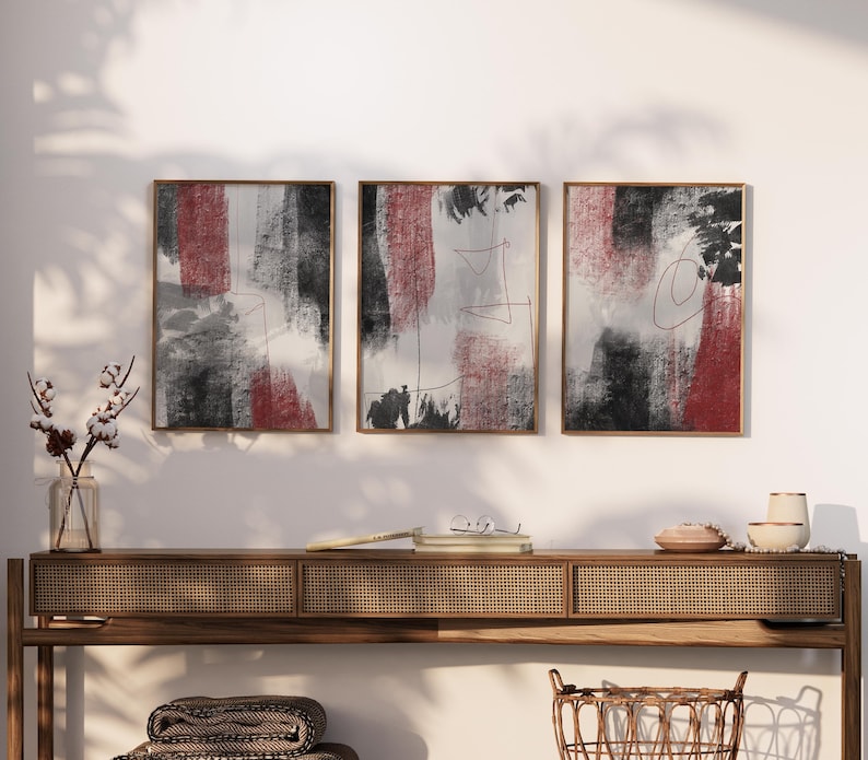 Abstract Red and Black 3 Piece Wall Decor, Minimalist Black Printable