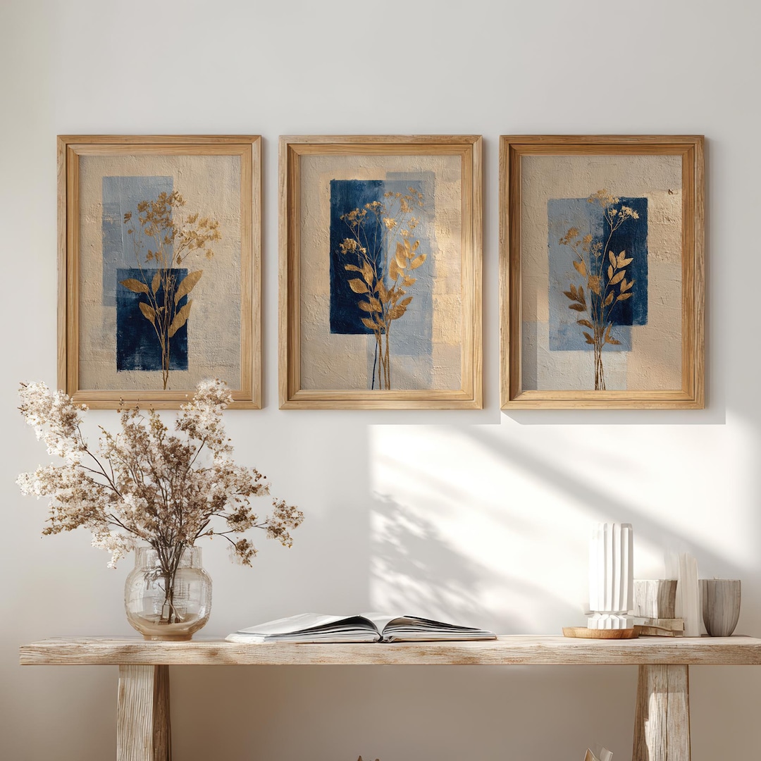 Botanical Wall Art Set of 3, Gold & Navy Prints, Modern Nature Gallery ...