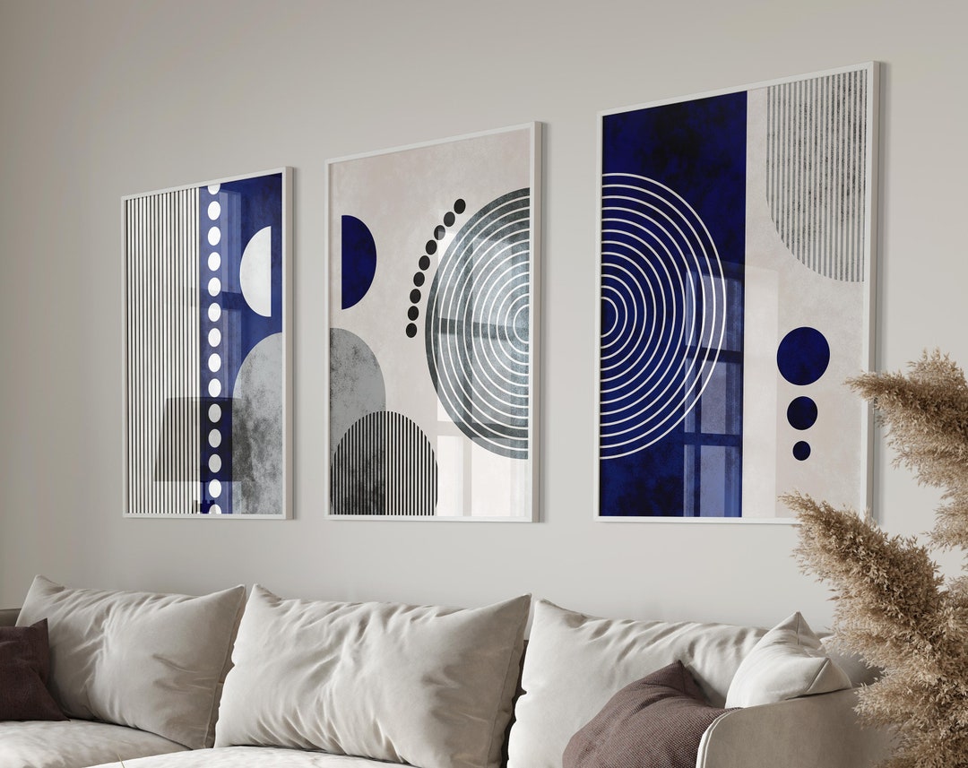 3 Piece Art Prints Navy Blue Wall Art Blue Grey White Wall Etsy
