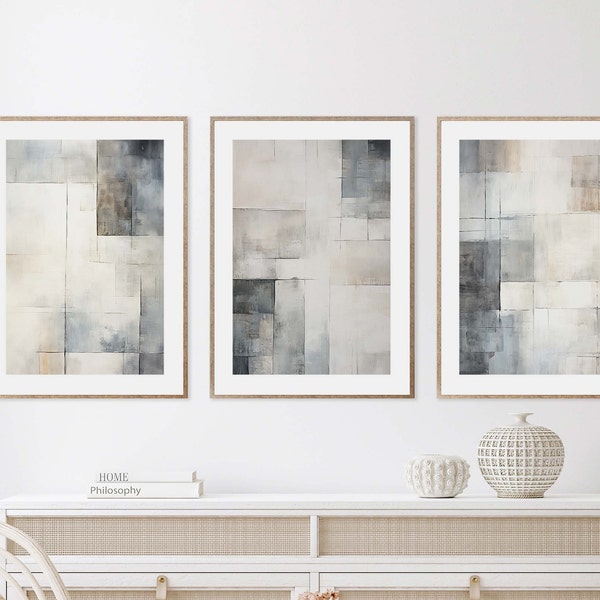 Modern grey silver watercolor prints, Neutral wall art set of 3, Grey beige prints, Abstract grey white tan art, Living room decor