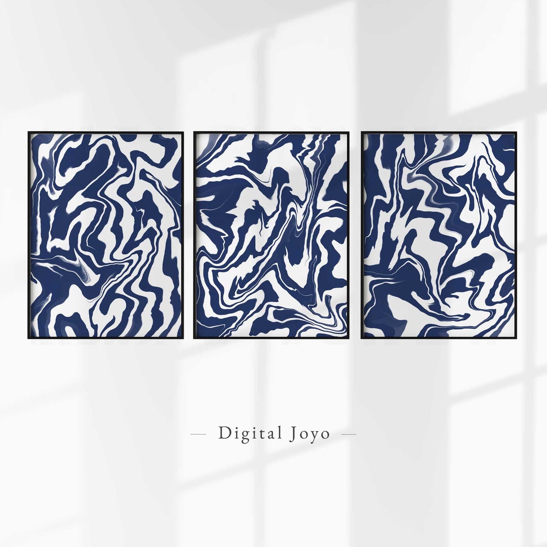 3 Piece Art Prints, Navy Blue Wall Art Set, Blue White Wall Art, Navy