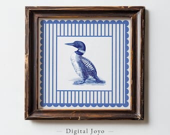 Loon Bird Print, Blue & White Loon Art Download