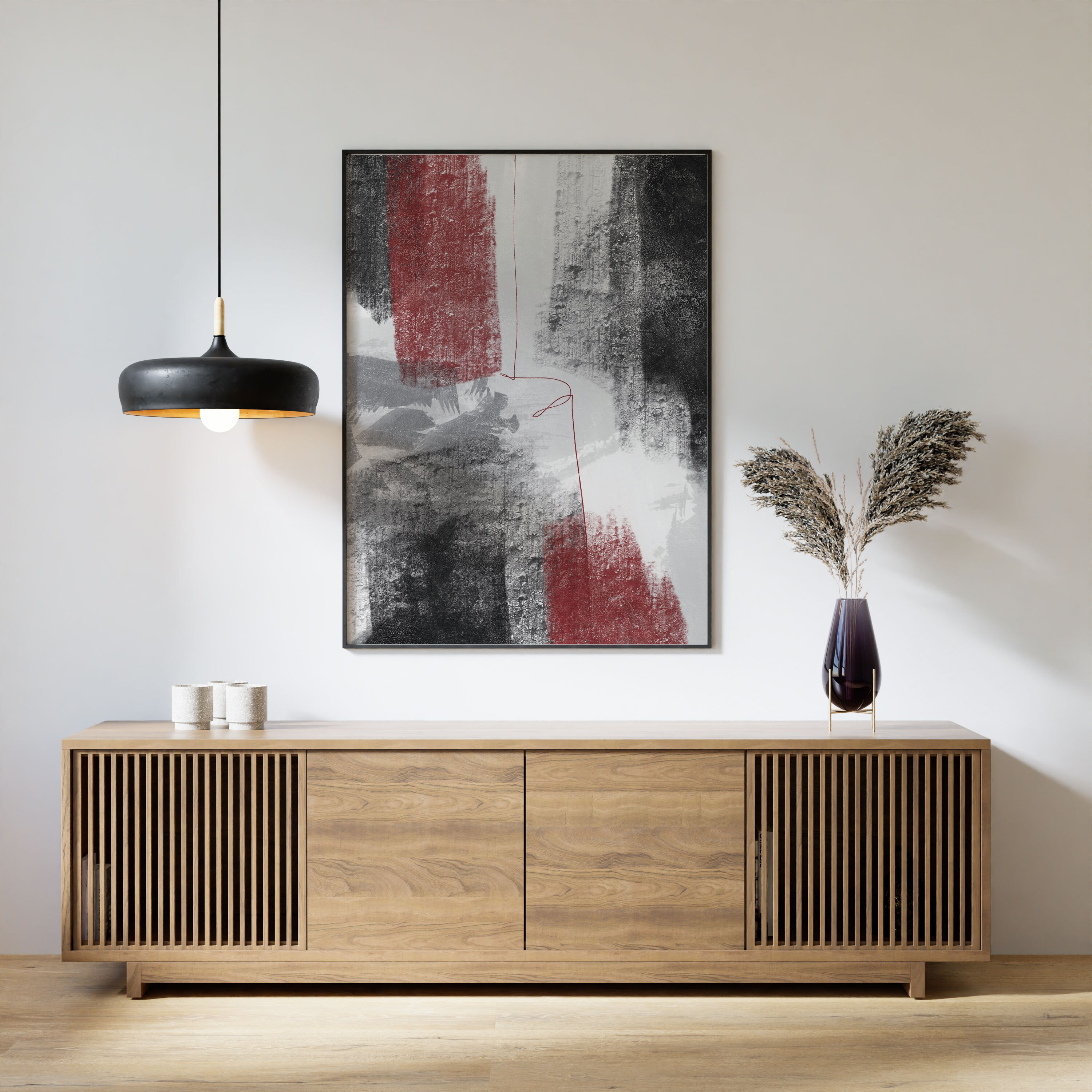 Abstract Red and Black 3 Piece Wall Decor, Minimalist Black Printable