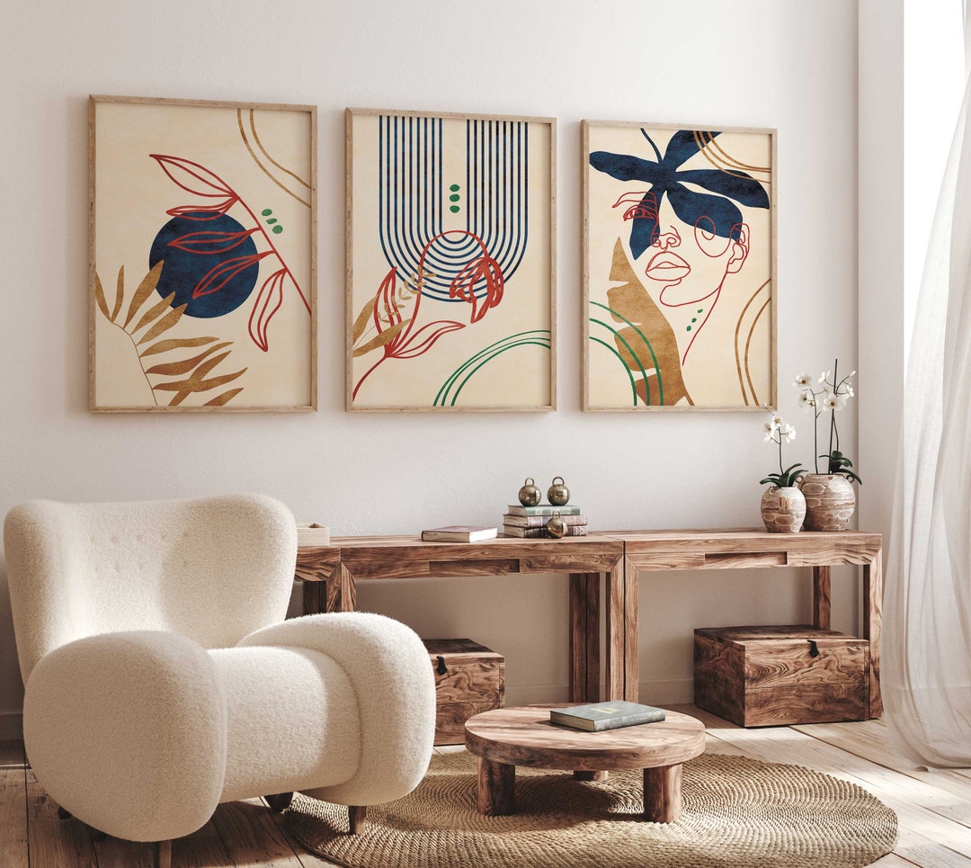 Boho Woman Art Print Set of 3: Mid-century Modern Floral Wall Art ...