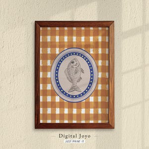 Fish Oval Plaid Print, Mid Century Modern & Cottagecore Kitchen Decor, Digital Download