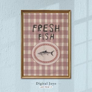 Single Fish Oval Gingham Print, Vintage Food Art & Cottagecore Kitchen Decor, Digital Download