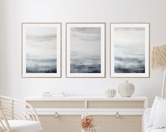 Abstract Landscape Prints: Navy, Grey, and Silver Wall Art Set (Digital Download)